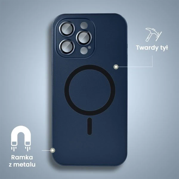 etui do iphone 15 pro max metal solid magsafe, pełny tył z metalową ramką i osłoną aparatu, granatowe
