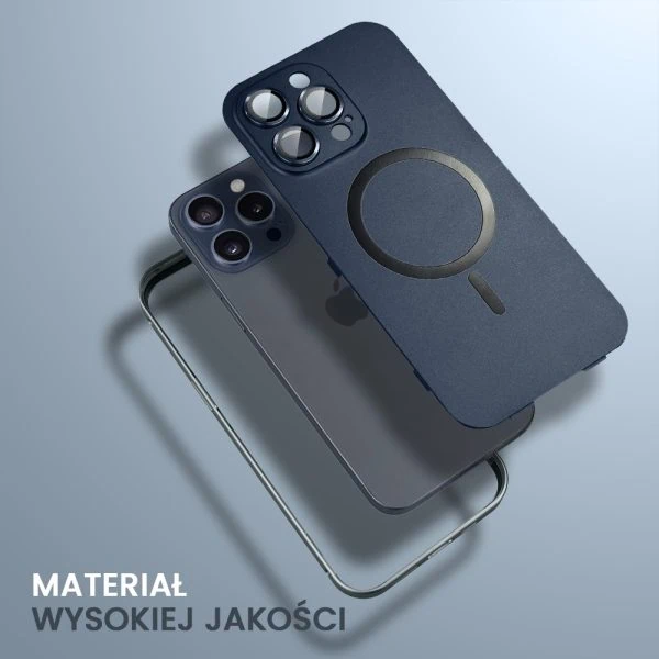 etui do iphone 15 pro max metal solid magsafe, pełny tył z metalową ramką i osłoną aparatu, granatowe