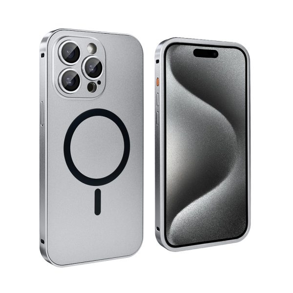 etui do iphone 15 pro metal solid magsafe, pełny tył z metalową ramką i osłoną aparatu, srebrne
