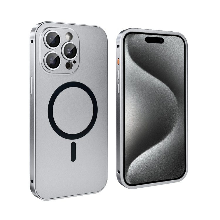 etui do iphone 15 pro metal solid magsafe, pełny tył z metalową ramką i osłoną aparatu, srebrne