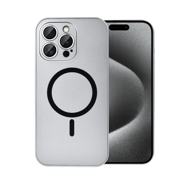 etui do iphone 15 pro metal solid magsafe, pełny tył z metalową ramką i osłoną aparatu, srebrne