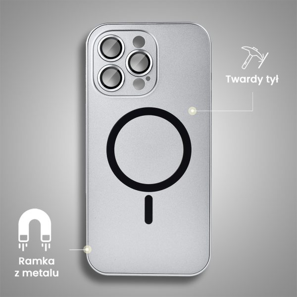 etui do iphone 15 pro metal solid magsafe, pełny tył z metalową ramką i osłoną aparatu, srebrne