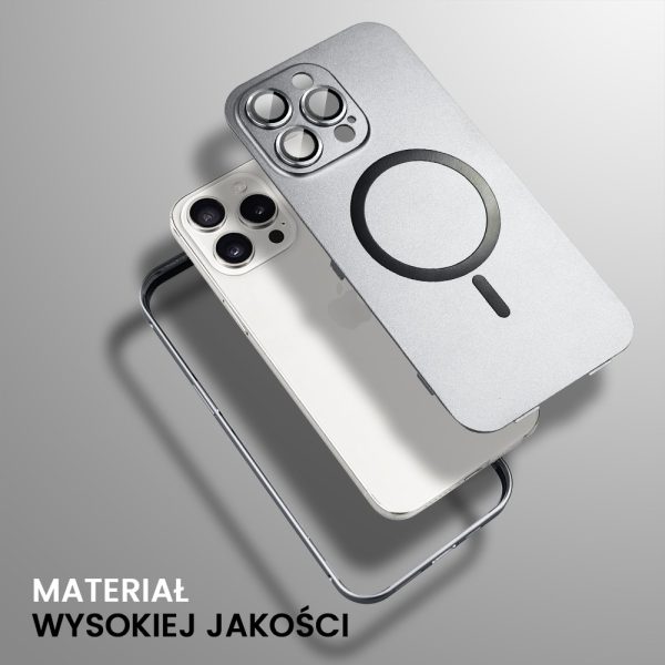 etui do iphone 15 pro metal solid magsafe, pełny tył z metalową ramką i osłoną aparatu, srebrne