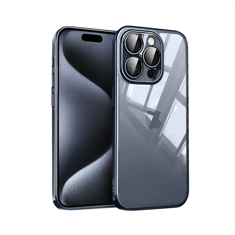 etui do iphone 15 pro titanium finish, przeźroczyste z ochroną aparatu, sulada original, tytan błękitny