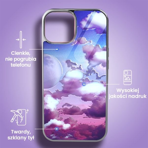 etui do iphone 15, silver glass, szklany tył, chmurki, srebrne (kopia)
