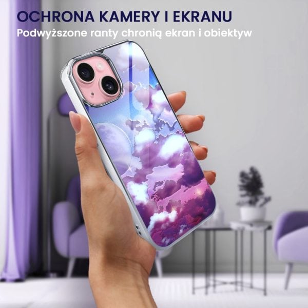 etui do iphone 15, silver glass, szklany tył, chmurki, srebrne (kopia)