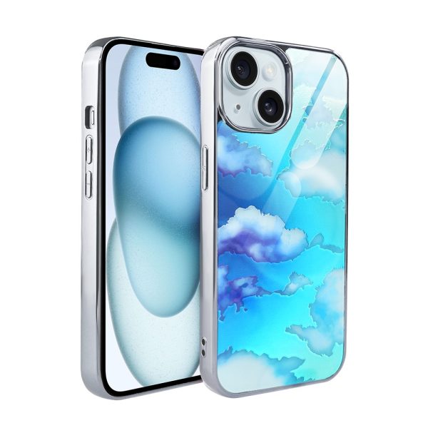 etui do iphone 15, silver glass, szklany tył, chmurki, srebrne