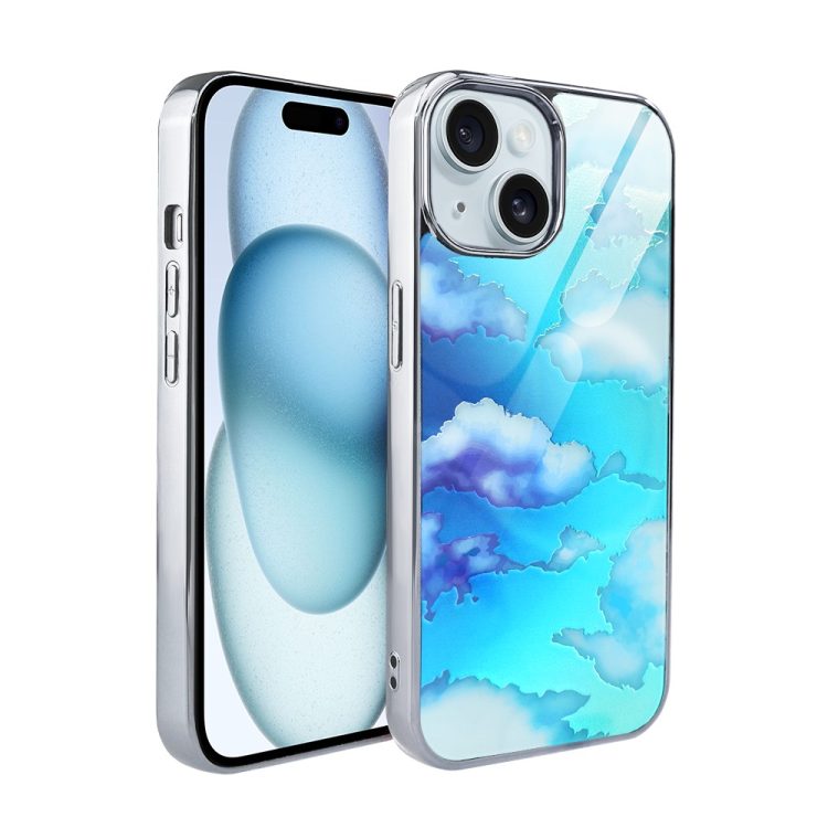 etui do iphone 15, silver glass, szklany tył, chmurki, srebrne