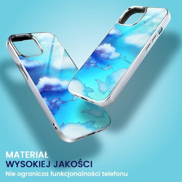 etui do iphone 15, silver glass, szklany tył, chmurki, srebrne
