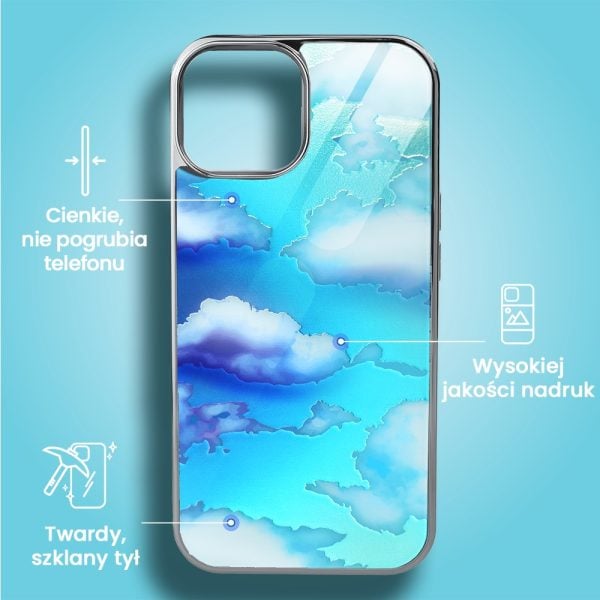 etui do iphone 15, silver glass, szklany tył, chmurki, srebrne