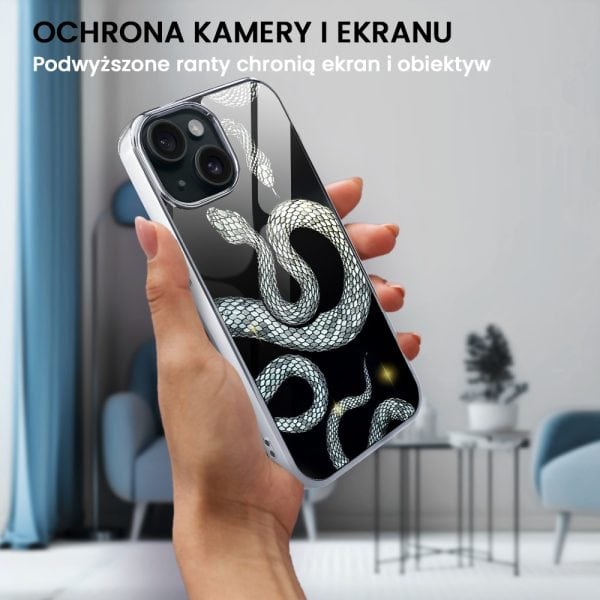 etui do iphone 15, golden glass, szklany tył, węże ze złotem, złote (kopia)