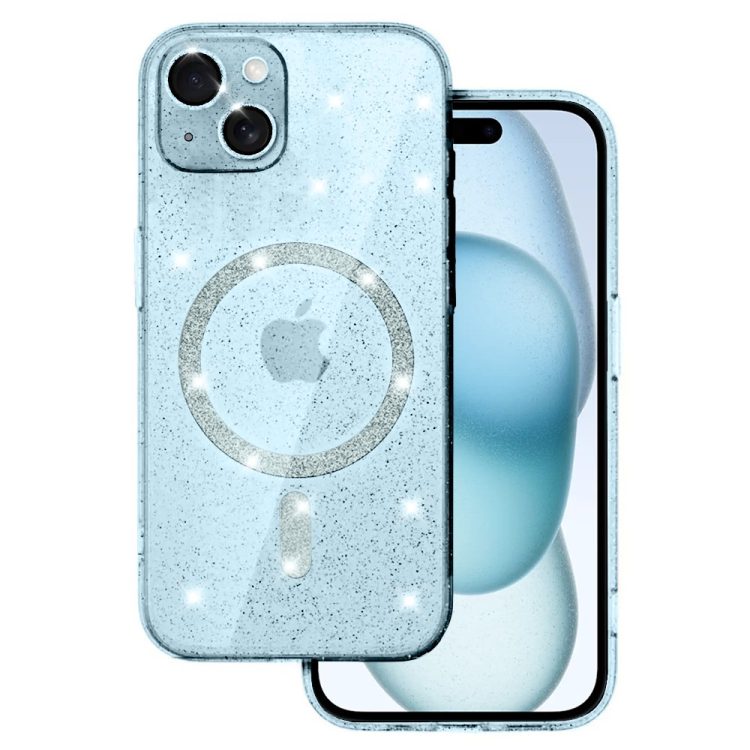 etui do iphone 15 z magsafe, przeźroczyste, błyszczący brokat, niebieskie