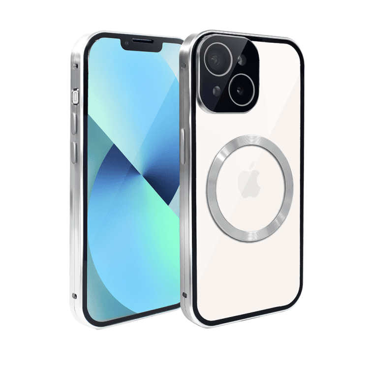 obudowa do iphone 13 pancerna szyba i aluminium 360° przód + tył magnetyczna, z magsafe i osłoną aparatu, srebrna