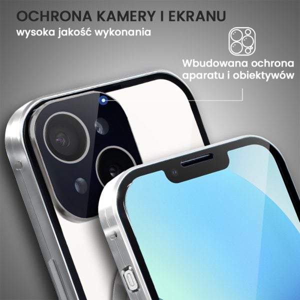 obudowa do iphone 13 pancerna szyba i aluminium 360° przód + tył magnetyczna, z magsafe i osłoną aparatu, srebrna