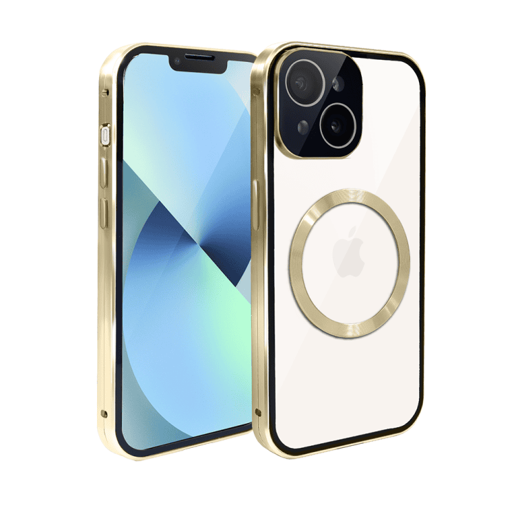 obudowa do iphone 13 pancerna szyba i aluminium 360° przód + tył magnetyczna, z magsafe i osłoną aparatu, złota