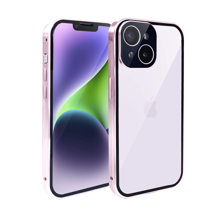 obudowa do iphone 14 pancerna szyba i aluminium 360° przód + tył magnetyczna, z osłoną aparatu, różowa