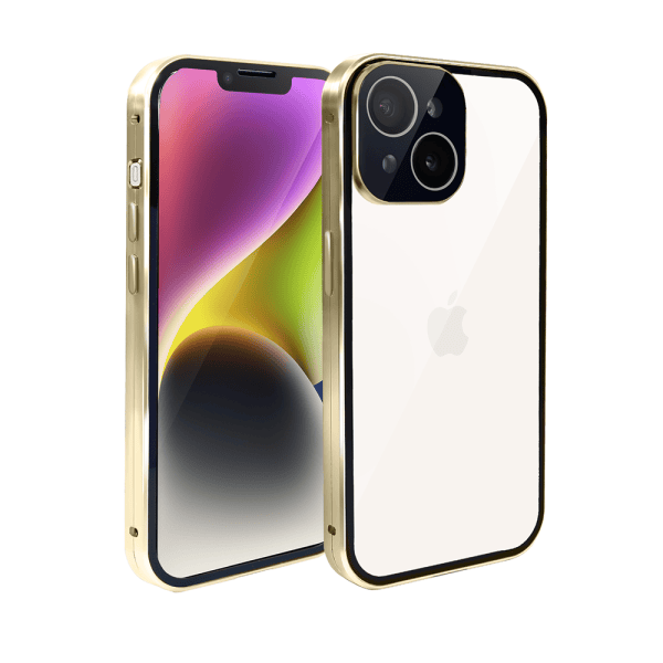 obudowa do iphone 14, pancerna szyba i aluminium 360° przód + tył magnetyczna, z osłoną aparatu, złota