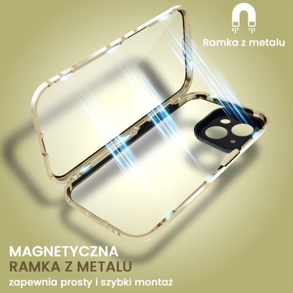 obudowa do iphone 14, pancerna szyba i aluminium 360° przód + tył magnetyczna, z osłoną aparatu, złota