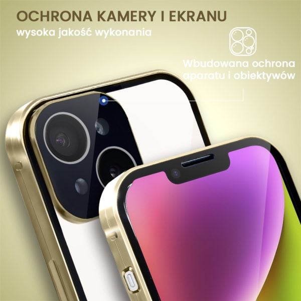 obudowa do iphone 14, pancerna szyba i aluminium 360° przód + tył magnetyczna, z osłoną aparatu, złota