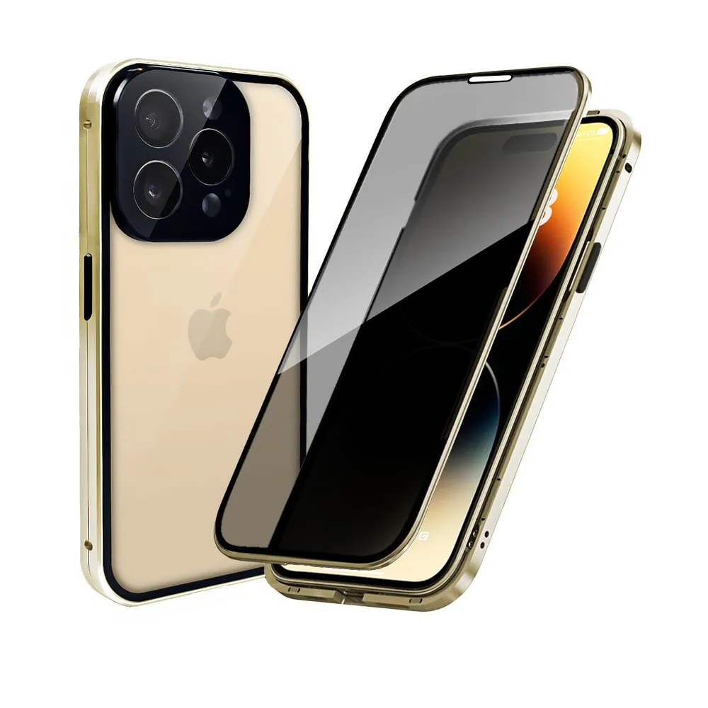 obudowa do iphone 14 pro max, podwójna szyba i aluminium 360° przód + tył magnetyczna, z osłoną aparatu i szkłem prywatyzującym, złota