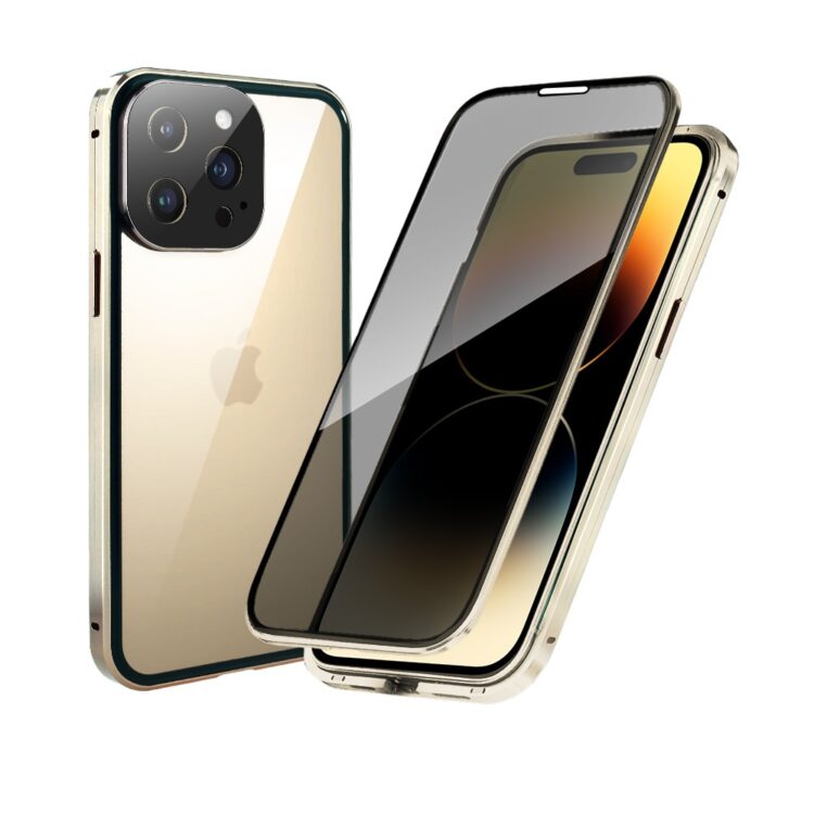 Obudowa do iPhone 14 Pro, podwójna szyba i aluminium 360° przód + tył magnetyczna, z osłoną aparatu i szkłem prywatyzującym, złota (5)