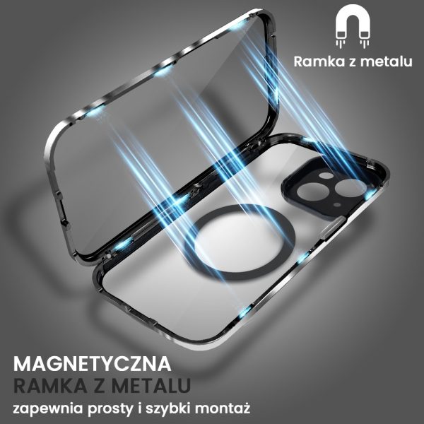 obudowa do iphone 14 pancerna szyba i aluminium 360° przód + tył magnetyczna, z magsafe i osłoną aparatu, czarna