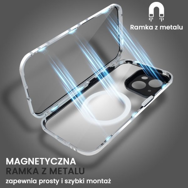 obudowa do iphone 14 pancerna szyba i aluminium 360° przód + tył magnetyczna, z magsafe i osłoną aparatu, srebrna