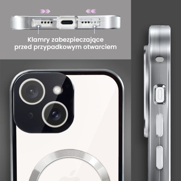 obudowa do iphone 14 pancerna szyba i aluminium 360° przód + tył magnetyczna, z magsafe i osłoną aparatu, srebrna