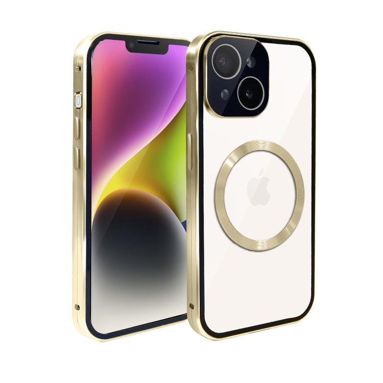 obudowa do iphone 14 pancerna szyba i aluminium 360° przód + tył magnetyczna, z magsafe i osłoną aparatu, złota