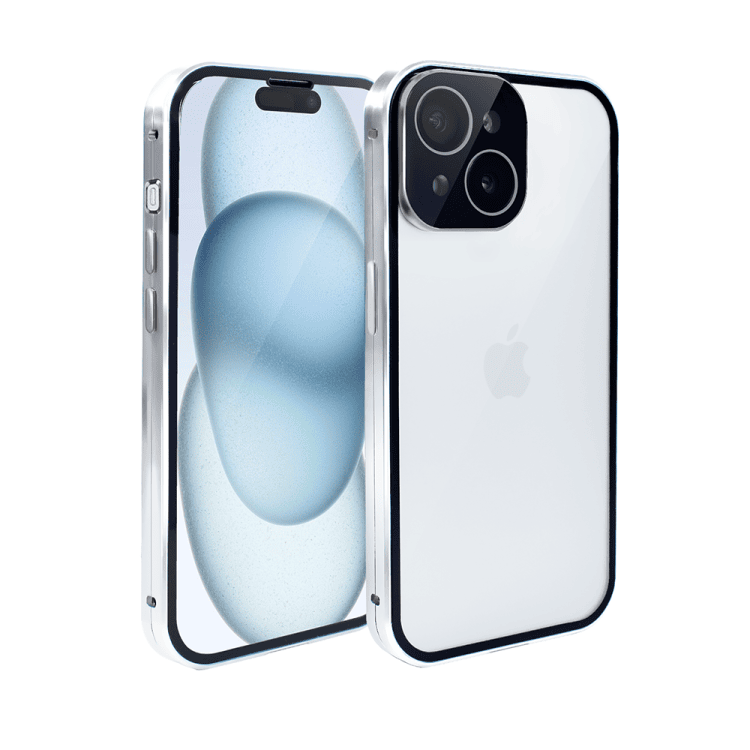 obudowa do iphone 15 plus, pancerna szyba i aluminium 360° przód + tył magnetyczna, z osłoną aparatu, srebrne