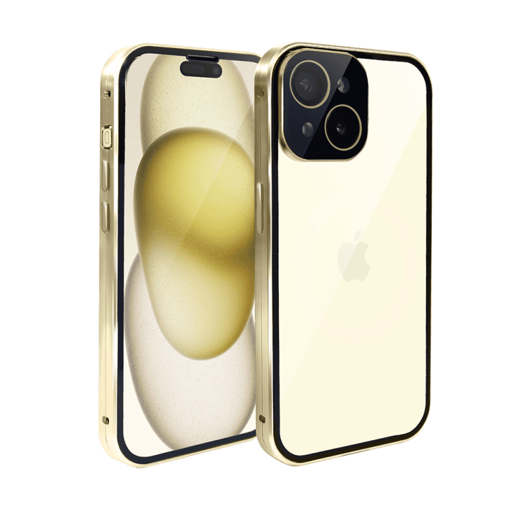 obudowa do iphone 15, pancerna szyba i aluminium 360° przód + tył magnetyczna, z osłoną aparatu, złota