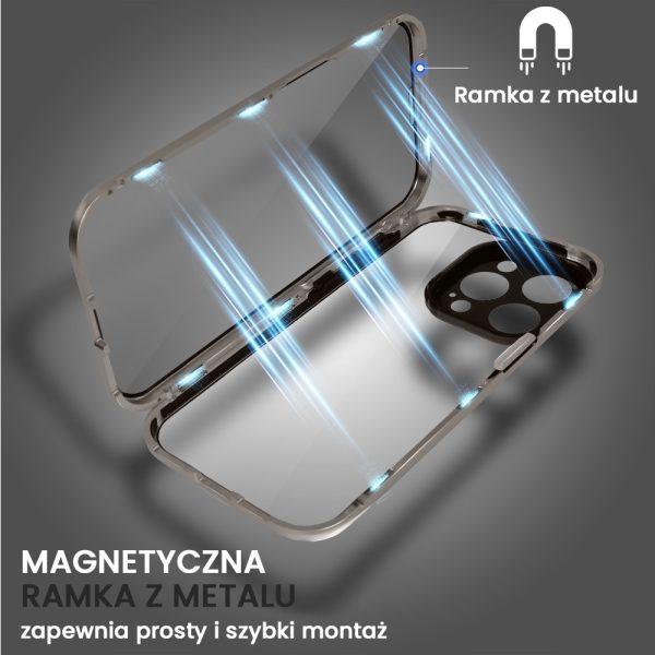obudowa do iphone 15 pro pancerna szyba i aluminium 360° przód + tył magnetyczna, z srebrnym pierścieniem na osłonie aparatu, tytanowa