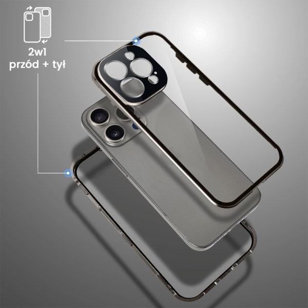 obudowa do iphone 15 pro pancerna szyba i aluminium 360° przód + tył magnetyczna, z srebrnym pierścieniem na osłonie aparatu, tytanowa