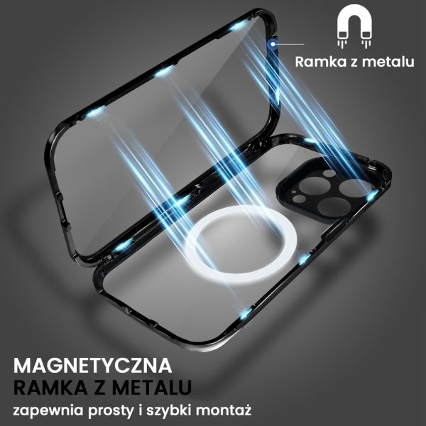 obudowa do iphone 15 pro pancerna szyba i aluminium 360° przód + tył magnetyczna, z magsafe i osłoną aparatu, czarne