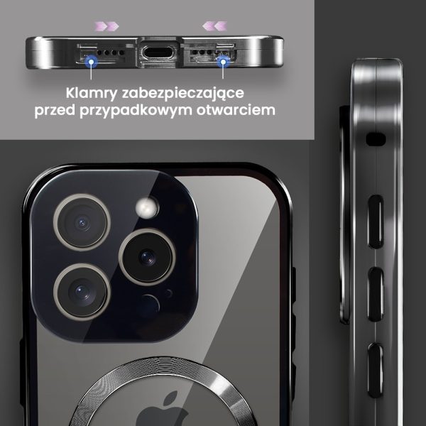 obudowa do iphone 15 pro pancerna szyba i aluminium 360° przód + tył magnetyczna, z magsafe i osłoną aparatu, czarne