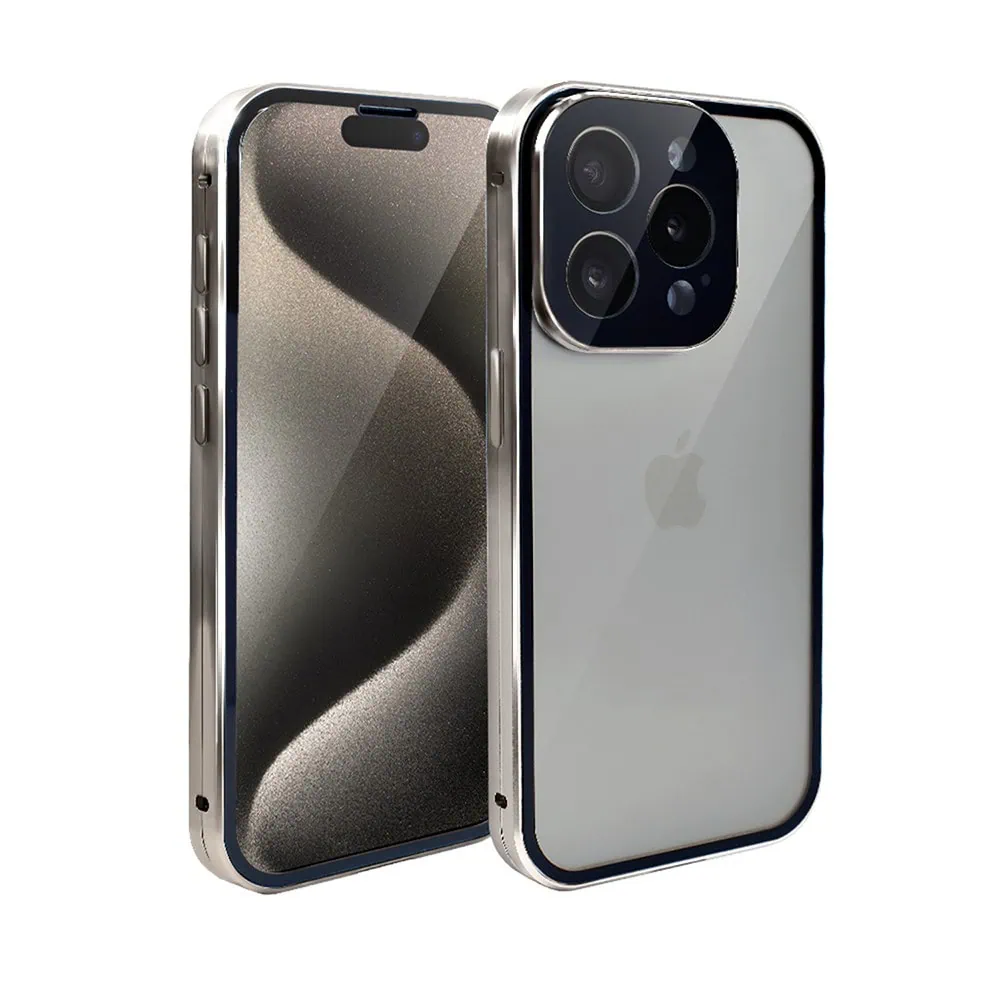 obudowa do iphone 15 pro pancerna szyba i aluminium 360° przód + tył magnetyczna, z osłoną aparatu, srebrna (kopia)