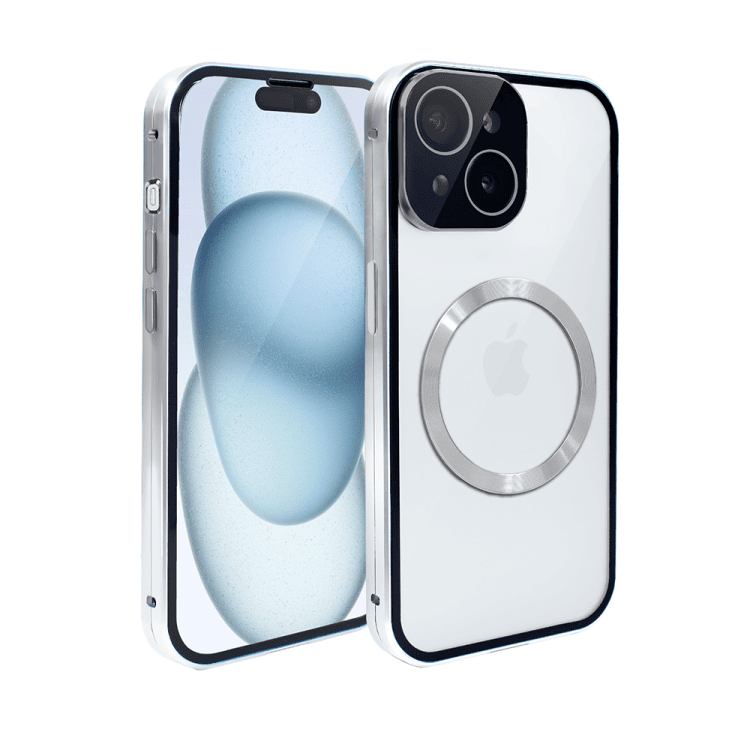 obudowa do iphone 15 pancerna szyba i aluminium 360° przód + tył magnetyczna, z magsafe i osłoną aparatu, srebrna