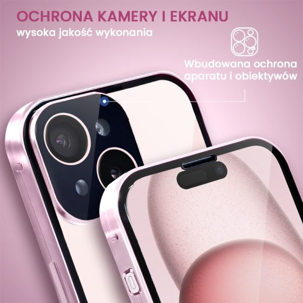 obudowa do iphone 15 pancerna szyba i aluminium 360° przód + tył magnetyczna, z osłoną aparatu, różowa