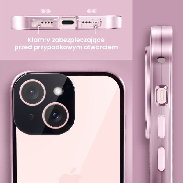 obudowa do iphone 15 pancerna szyba i aluminium 360° przód + tył magnetyczna, z osłoną aparatu, różowa