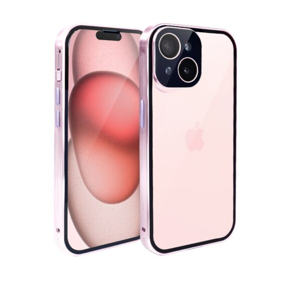 Obudowa do iPhone 15 podwójna szyba i aluminium 360° przód + tył magnetyczna, z osłoną aparatu, różowa fioletowe przyciskiObszar kompozycji 1