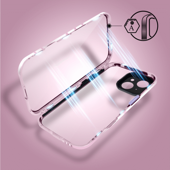 Obudowa do iPhone 15 podwójna szyba i aluminium 360° przód + tył magnetyczna, z osłoną aparatu, różowa fioletowe przyciskiObszar kompozycji 2
