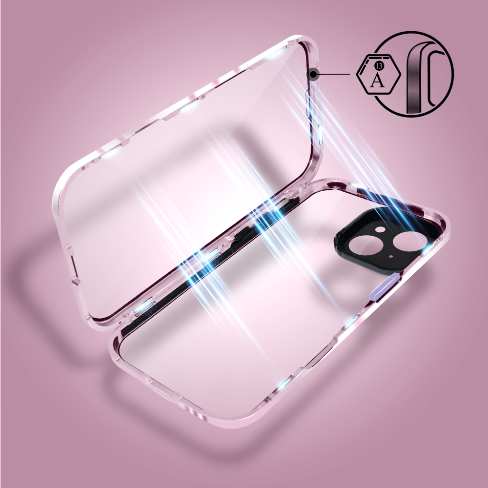 Obudowa do iPhone 15 podwójna szyba i aluminium 360° przód + tył magnetyczna, z osłoną aparatu, różowa fioletowe przyciskiObszar kompozycji 2