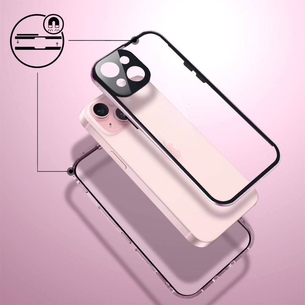 Obudowa do iPhone 15 podwójna szyba i aluminium 360° przód + tył magnetyczna, z osłoną aparatu, różowa fioletowe przyciskiObszar kompozycji 3