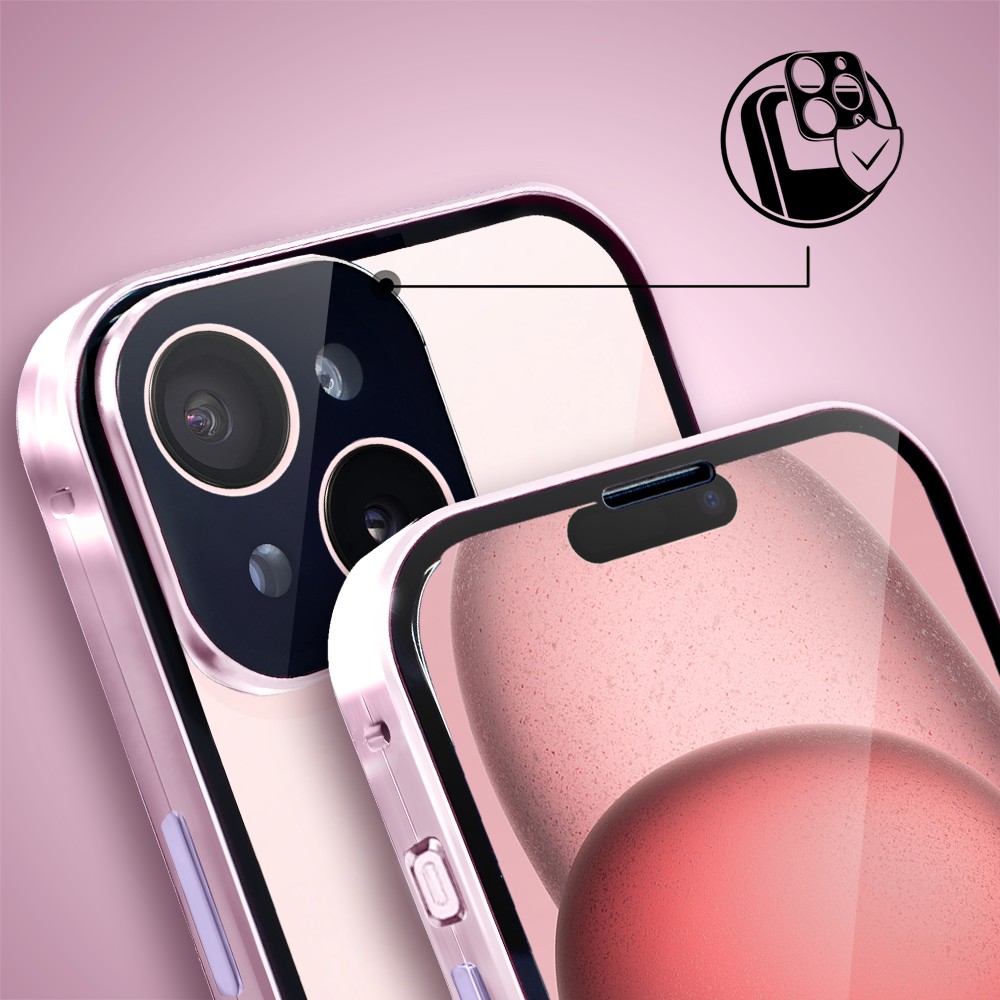 Obudowa do iPhone 15 podwójna szyba i aluminium 360° przód + tył magnetyczna, z osłoną aparatu, różowa fioletowe przyciskiObszar kompozycji 5