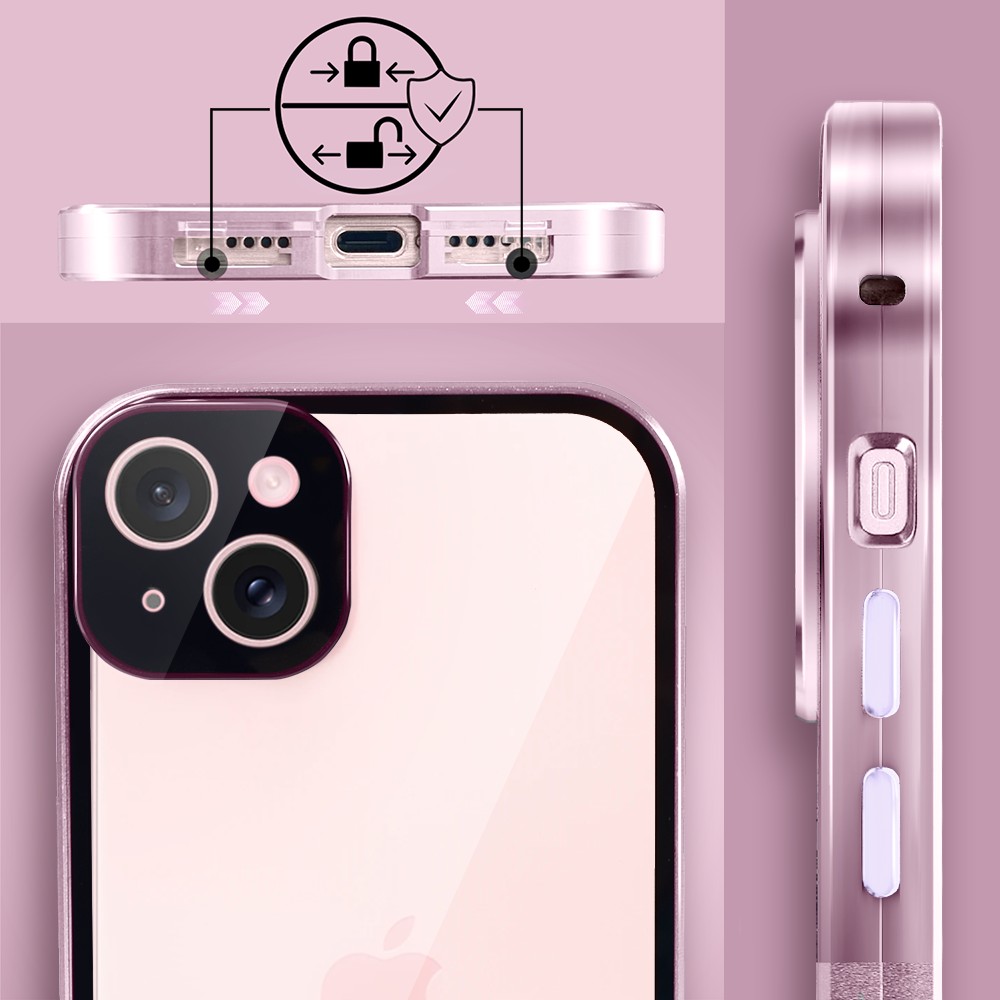 Obudowa do iPhone 15 podwójna szyba i aluminium 360° przód + tył magnetyczna, z osłoną aparatu, różowa fioletowe przyciskiObszar kompozycji 6