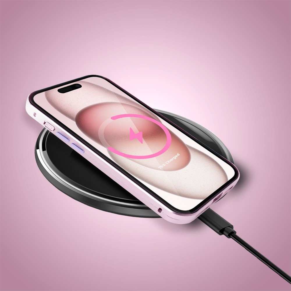 Obudowa do iPhone 15 podwójna szyba i aluminium 360° przód + tył magnetyczna, z osłoną aparatu, różowa fioletowe przyciskiObszar kompozycji 7