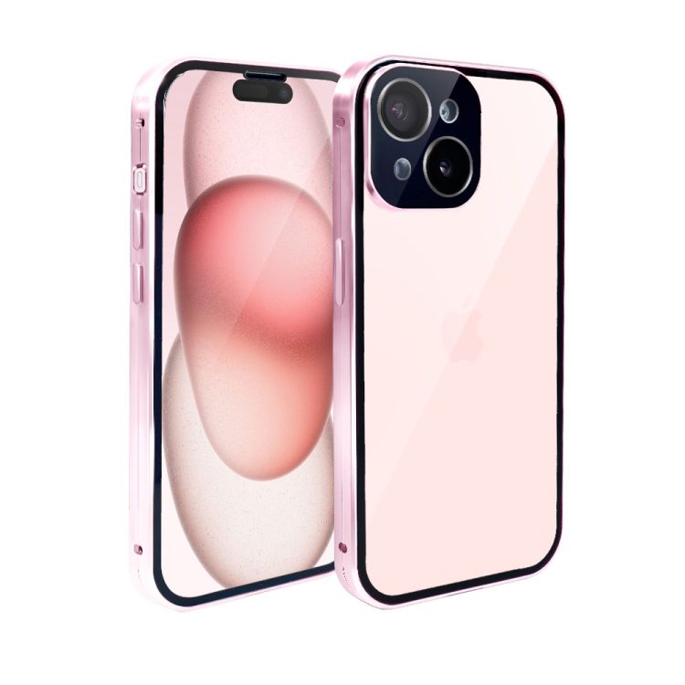 obudowa do iphone 15, podwójna szyba i polerowane aluminium 360° magnetyczna, z osłoną aparatu, z srebrnym pierścieniem na osłonie aparatu, różowa