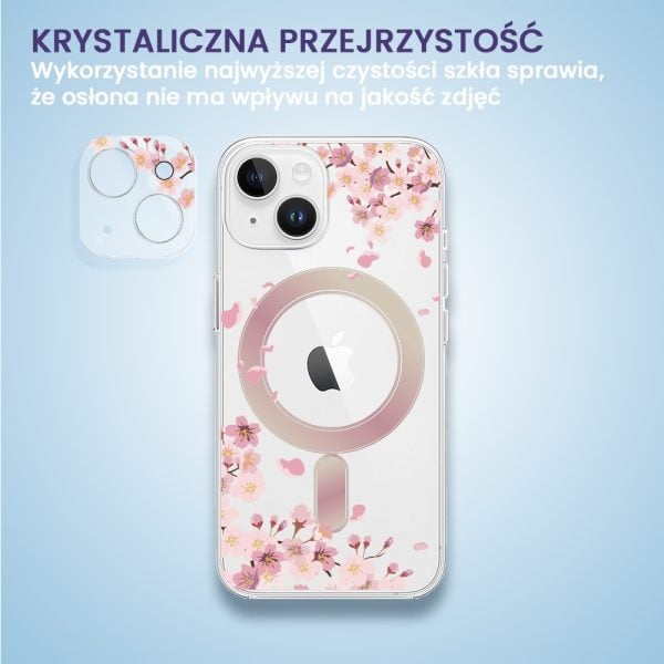 iphone 15 plus pełne szkło hartowane na cały aparat, kamerę, kwiat wiśni