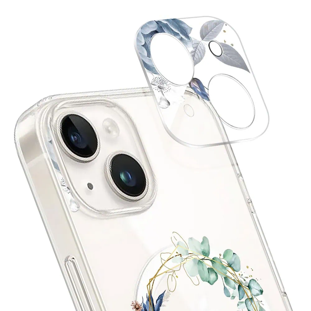 iphone 15 plus pełne szkło hartowane na cały aparat, kamerę, niebieskie kwiaty