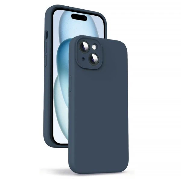 etui do iphone 15 silikonowe z mikrofibrą soft touch z osłoną na aparat, granatowe